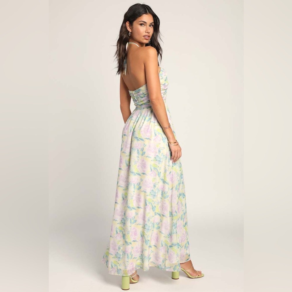 NWT Effortlessly Abloom Green Multi Floral Ruched Halter Maxi Dress Sz XS - Picture 2 of 13